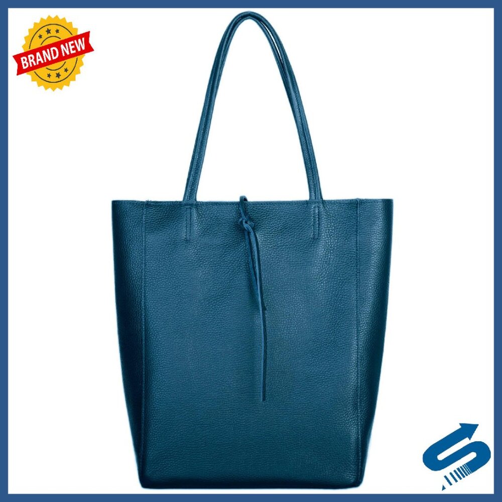 Italian Calf Leather Tote With Zipper Pocket & Flat Base For Work & Travel